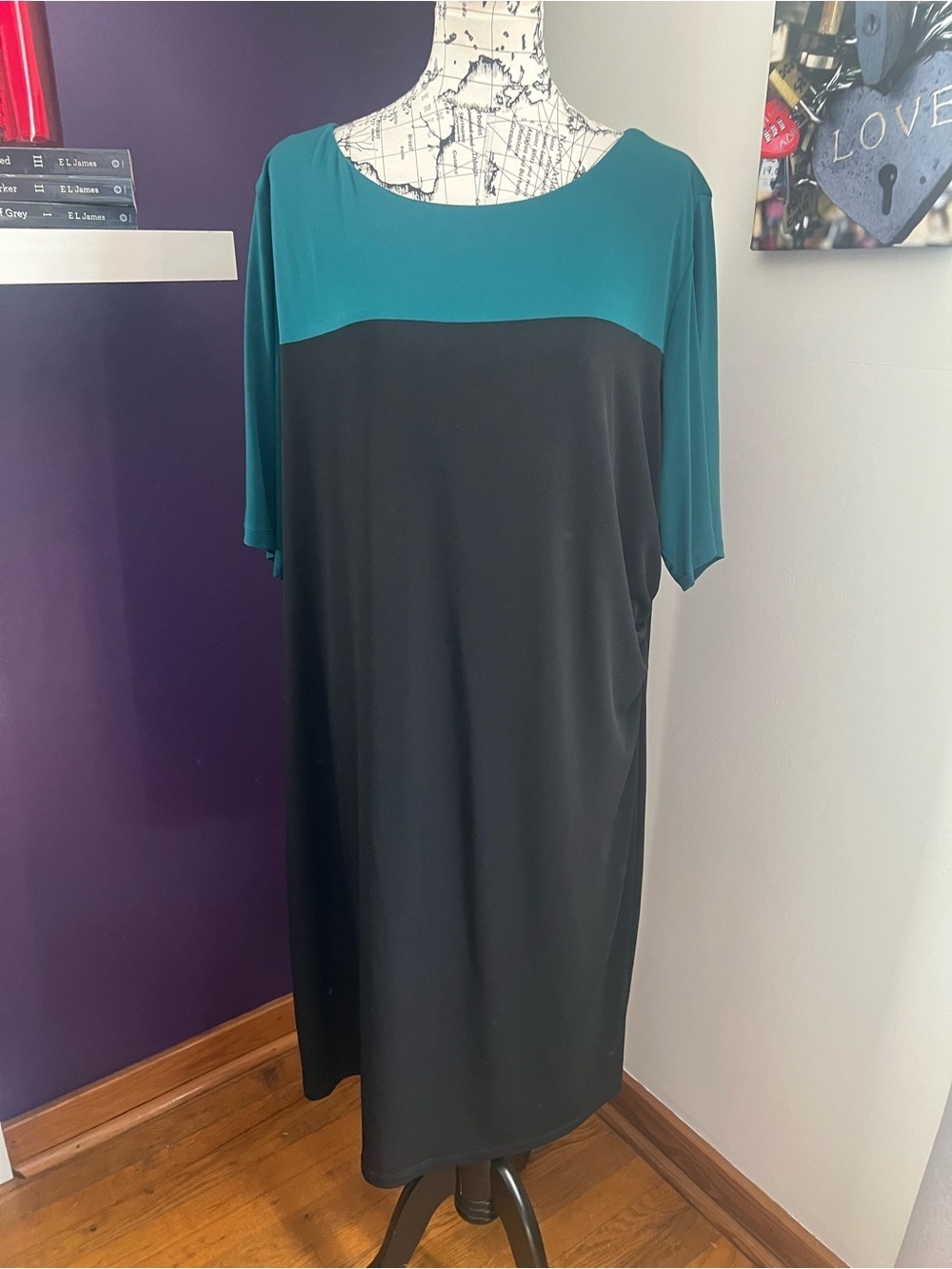 Teal and Black Long Sleeve Plus Size Connected Apparel Dress